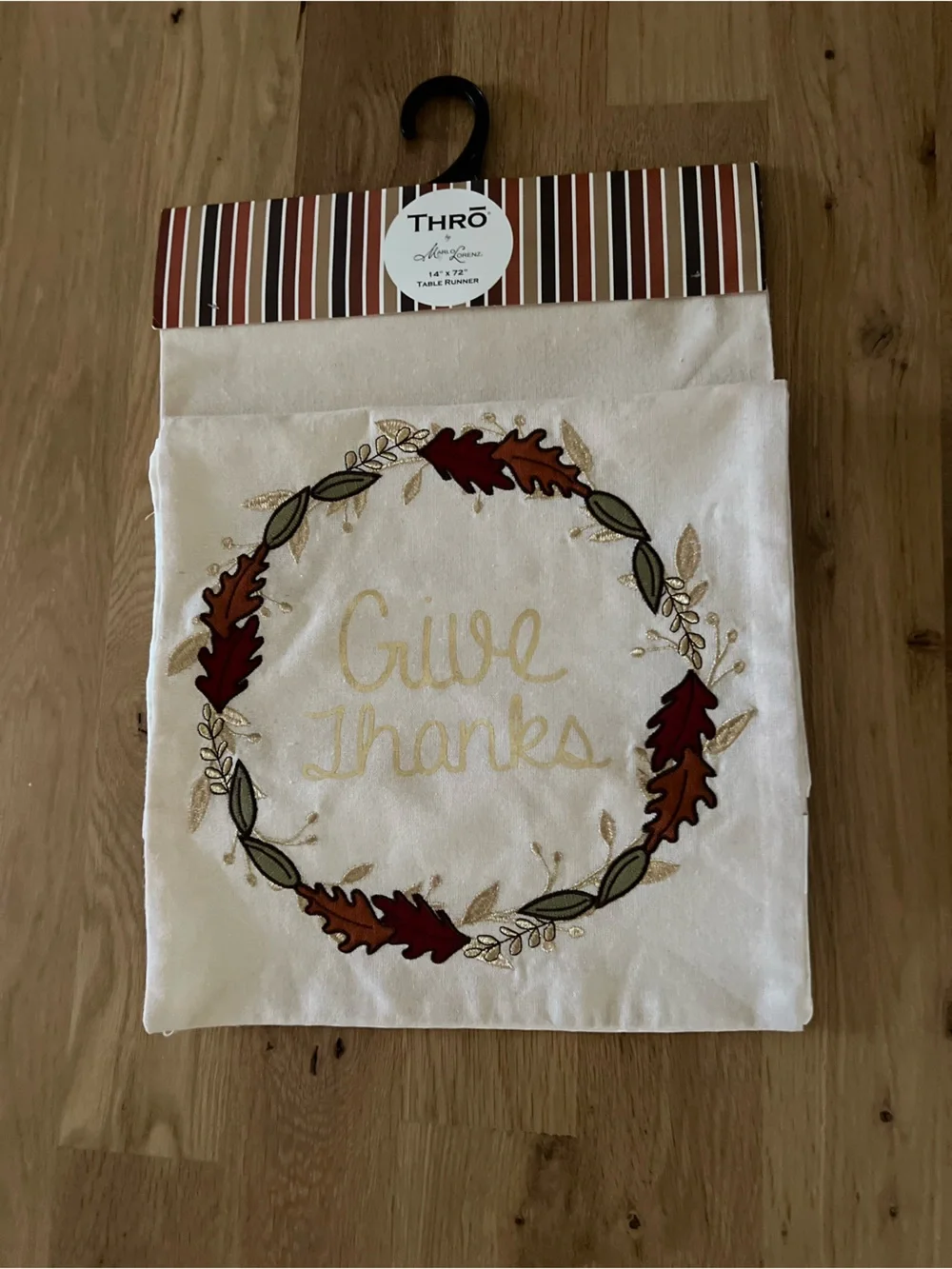 'NWT THRO Marlo Lorenz Give Thanks' Beige Embroidered Table Runner 14”X72”